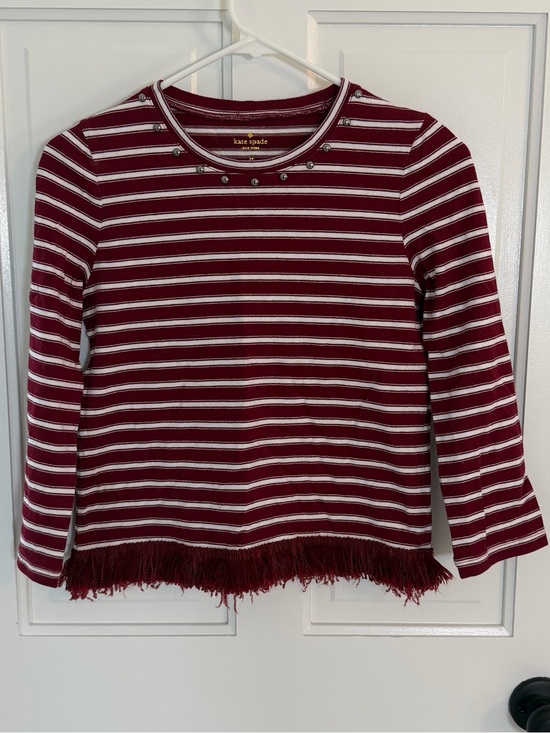kate spade Tops - kate spade Burgundy & White Striped Long-Sleeve Top with Fringe